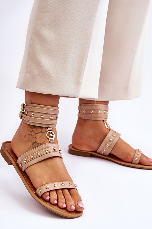 Wyjątkowe Sandały Damskie Z Ćwiekami Beżowe Selina