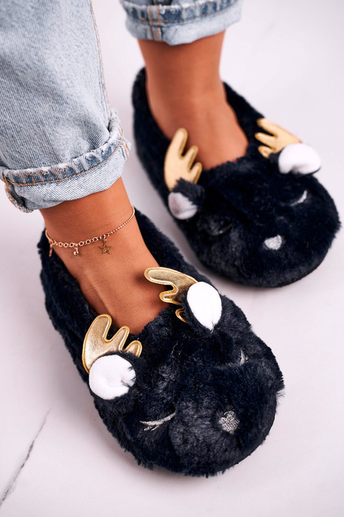 Świąteczne Ocieplane Futrzane Papcie Granatowe Jingle Bells