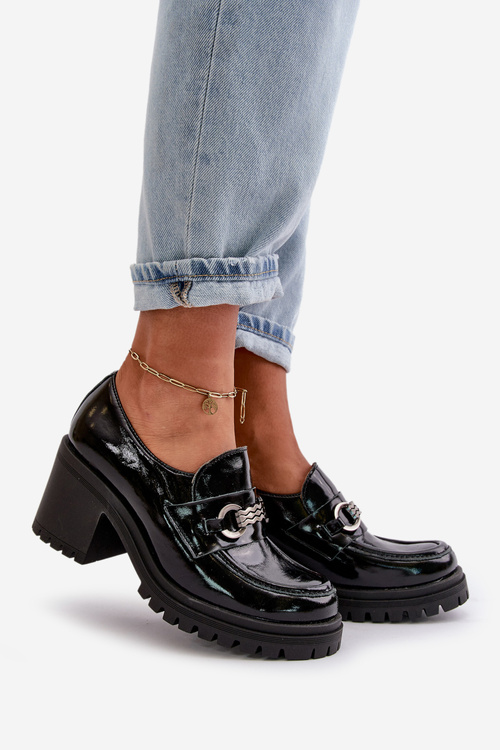 Zazoo 20175 Lakierowane Półbuty Damskie Na Słupku Skóra Naturalna Czarne