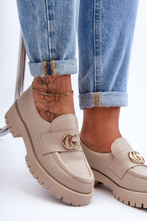 Damskie Półbuty Skórzane Z Ozdobą Beżowe Rosefalls