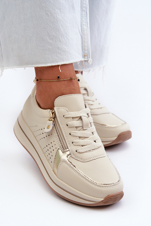 Damskie Skórzane Sneakersy Na Platformie Beżowe Ligustra