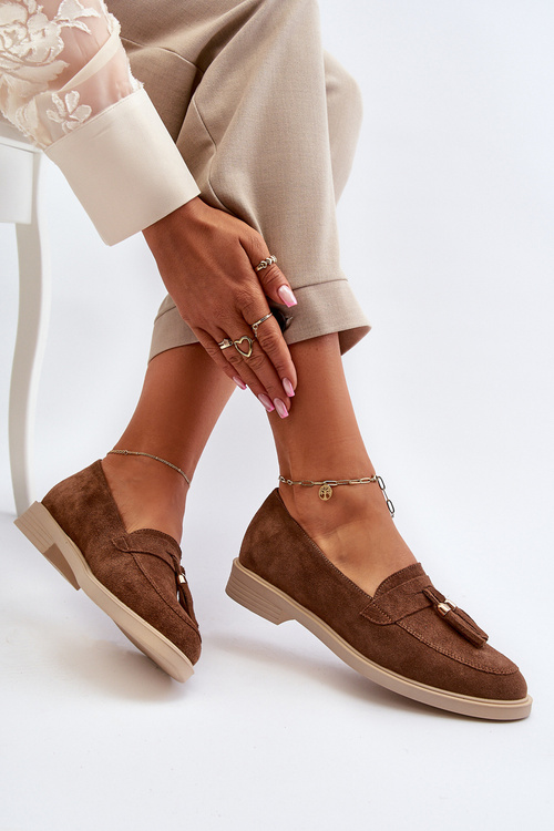 Zazoo 3420 Zamszowe Mokasyny Damskie Na Płaskim Obcasie Brązowe