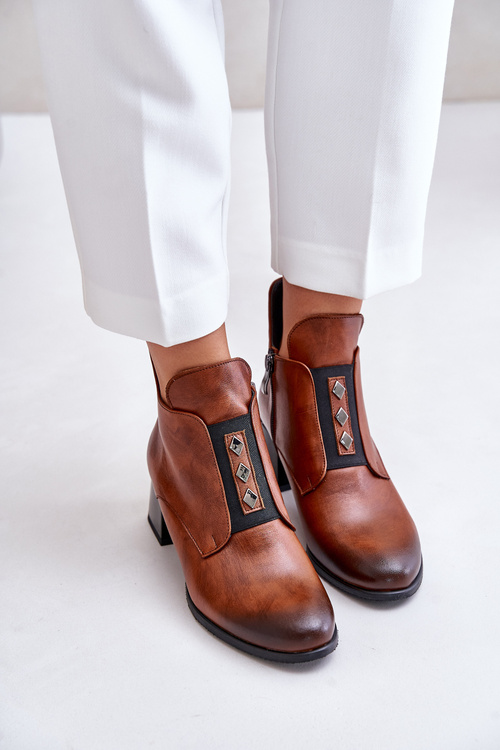 Zazoo 60504 Skórzane Botki Na Klocku Ocieplane Brązowe