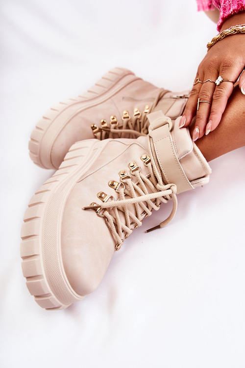 Modne Damskie Botki Na Platformie Z Paskiem Jasnobeżowe La Blanca