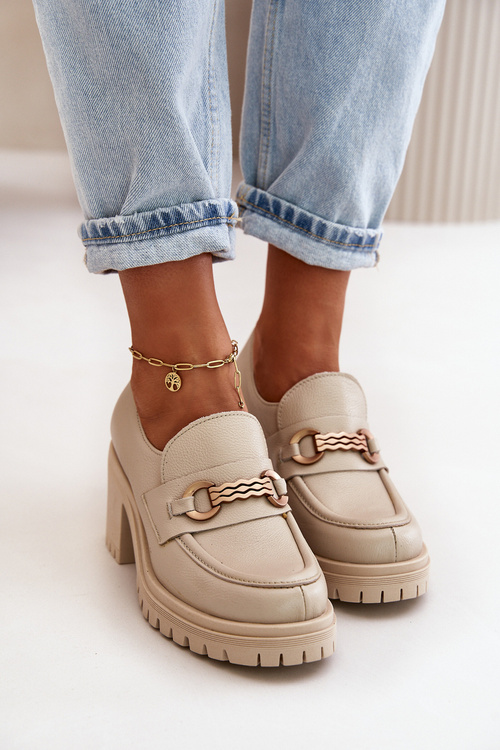 Zazoo 20175 Półbuty Damskie Na Słupku Skóra Naturalna Jasnobeżowe