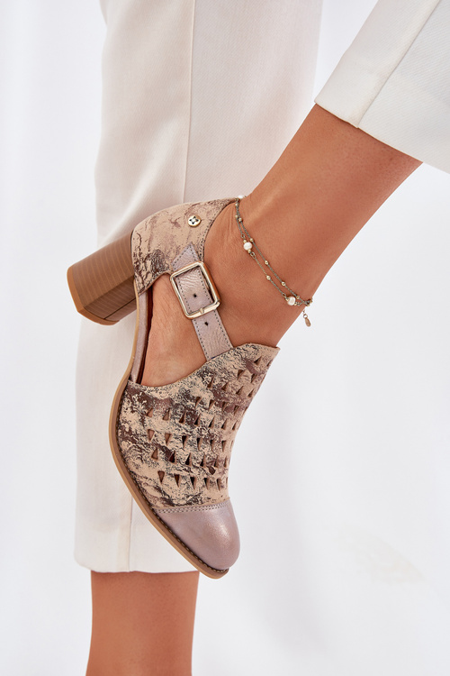 Damskie Skórzane Ażurowe Botki Maciejka 04962-43 Beżowo-Złote