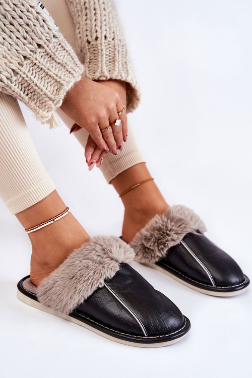 Damskie Skórzane Papcie Z Futerkiem Czarne Rossa