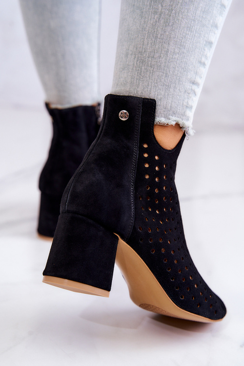 Skórzane Ażurowe Botki Maciejka 05420-43 Czarne