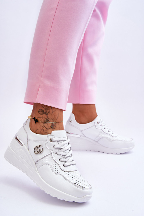 Damskie Skórzane Buty Sportowe Na Koturnie Biało-Srebrne Rebeca