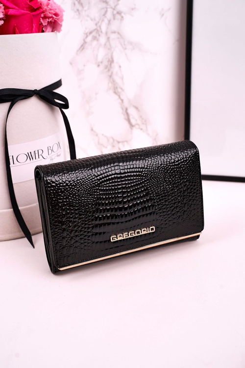 Duży Skórzany Portfel Damski GREGORIO Lakierowany Czarny