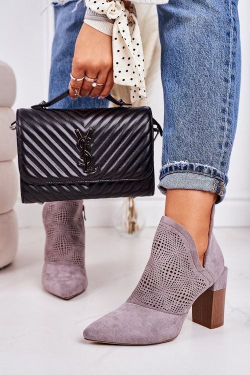 Ażurowe Botki Na Słupku Szare Michelle