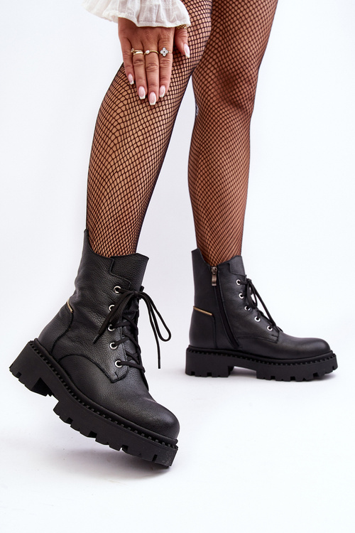 Skórzane Botki Trapery Damskie Na Suwak Zazoo 949P Czarne