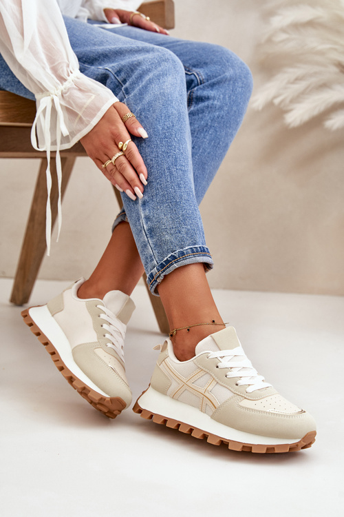 Sneakersy Buty Sportowe Damskie Sznurowane Na Platformie Beżowe Mialunae