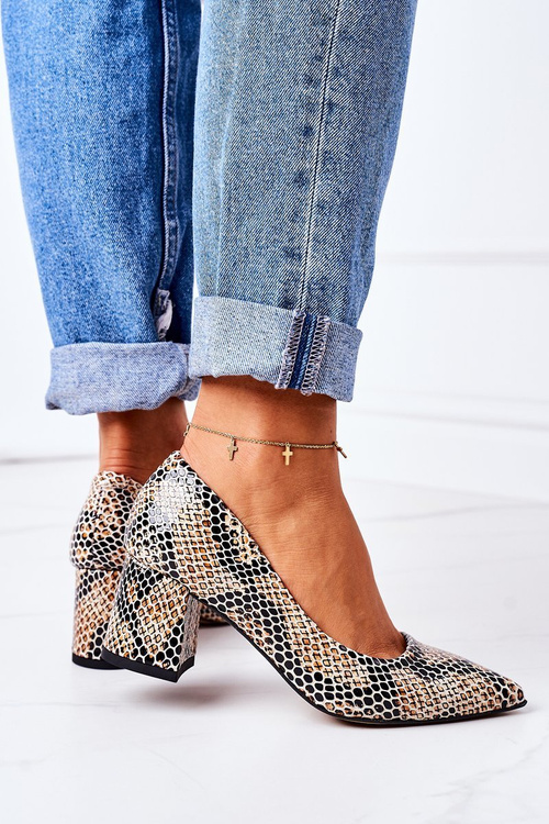 Skórzane Czółenka Ze Zwierzęcym Wzorem Lewski Shoes 2801 Czarno-Beżowe