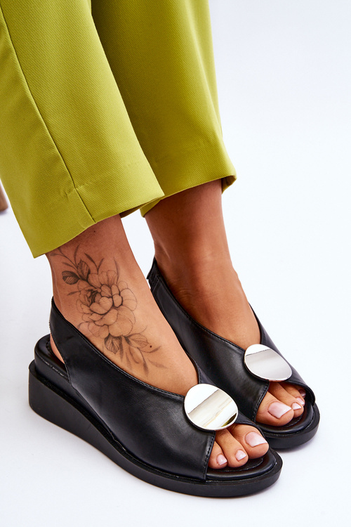 Damskie Skórzane Sandały Na Koturnie Czarne Justice