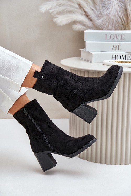 Botki Damskie Ocieplane Na Obcasie Słupku Eko Zamszowe Czarne Vellinga