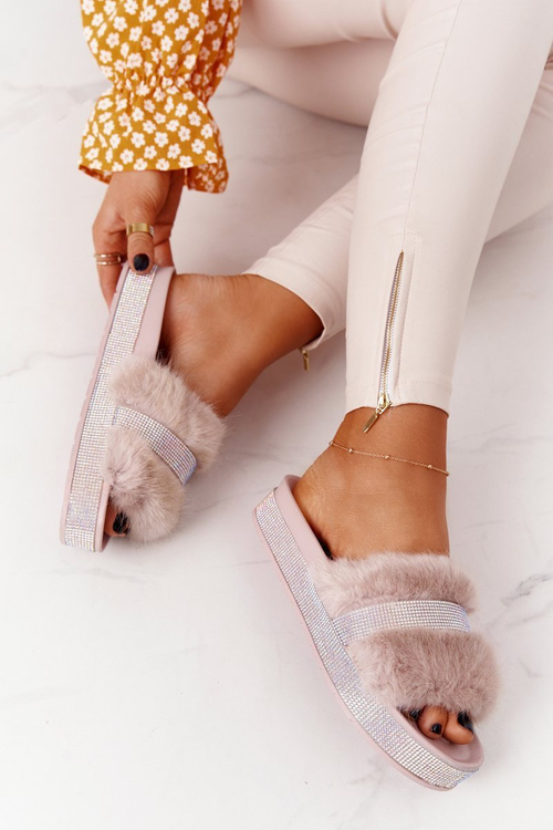 Klapki Na Platformie Z Futerkiem I Cyrkoniami Beżowe Impress