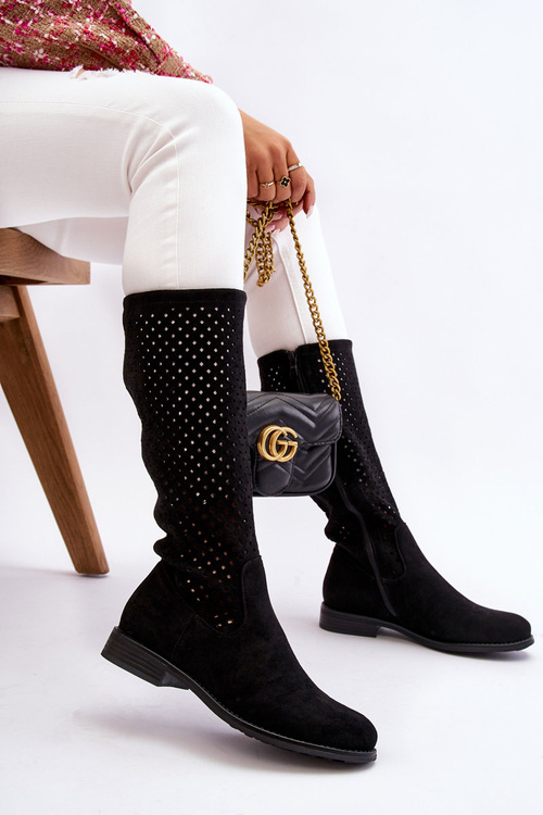 Damskie Zamszowe Ażurowe Kozaki Przed Kolano Czarne Savannah