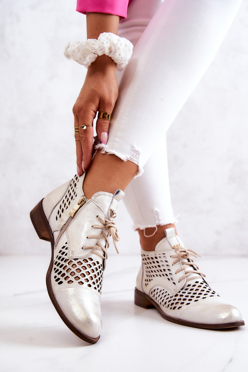 Zazoo 2704 Skórzane Ażurowe Botki Biało-Złote