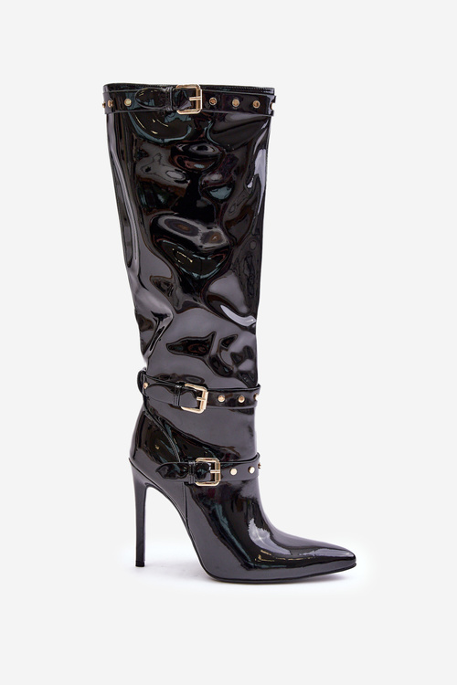 Lakierowane Kozaki Na Szpilce Z Klamrami Czarne Emiraethe