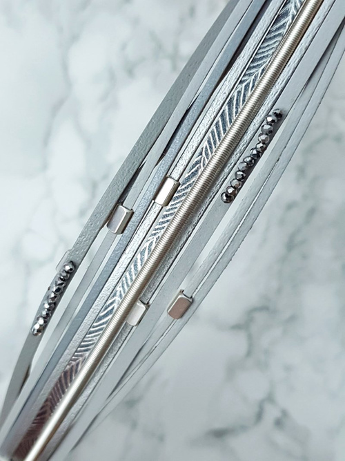 Damska Bransoleta Rzemień Szeroka Szara Kryształki Michiko