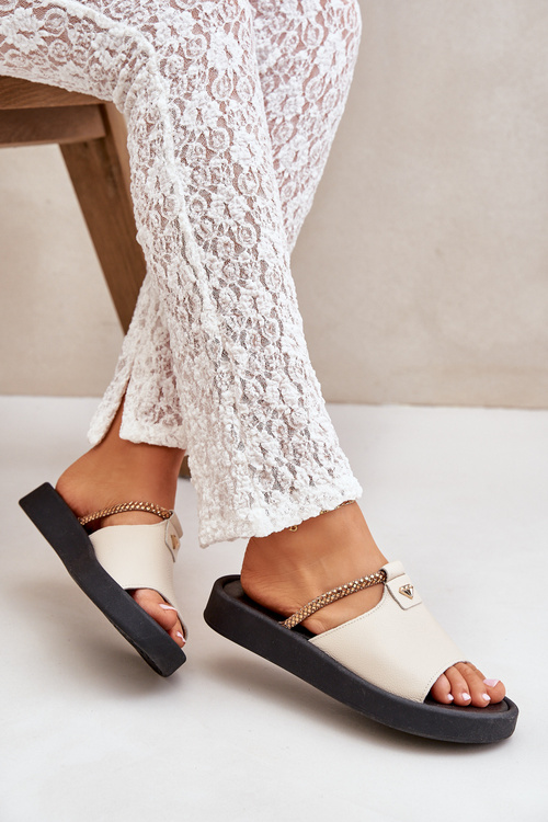 Zazoo 2896 Klapki Damskie Skórzane Beżowe