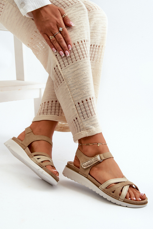 Wygodne I Lekkie Sandały Damskie Na Rzep Inblu CN000041 Beżowo-Złote