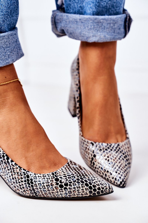 Skórzane Czółenka Ze Zwierzęcym Wzorem Lewski Shoes 2801 Czarno-Niebieskie