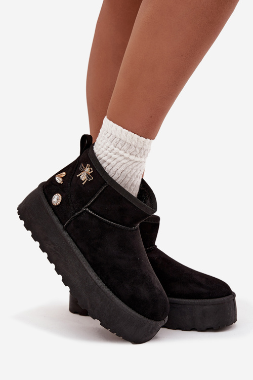 Śniegowce Damskie Na Platformie Z Przypinkami Czarne Maelle