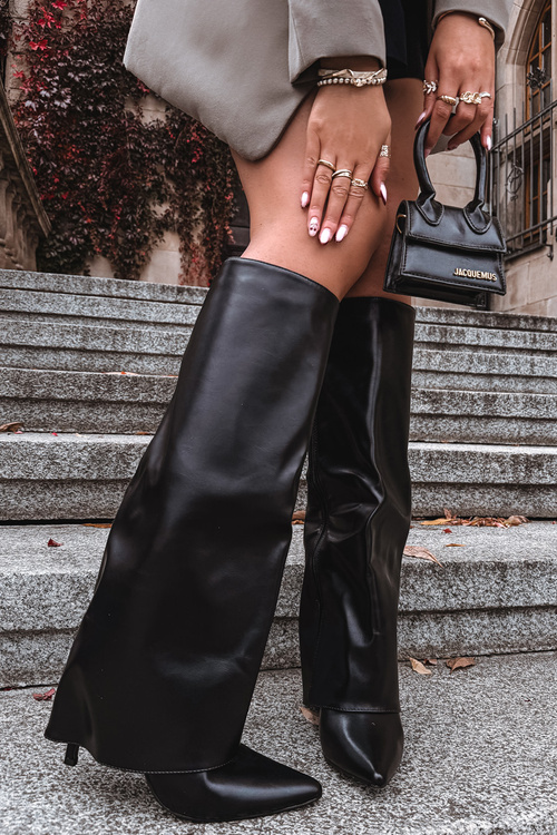 Ocieplane Kozaki Na Szpilce Z Wywiniętą Cholewką Czarne Tamonia