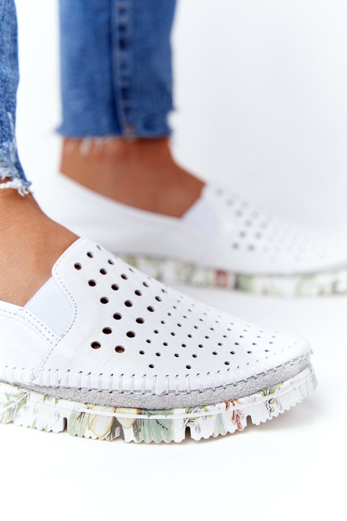 Ażurowe Skórzane Tenisówki Półbuty Slip-On Maciejka Białe 03512B-11