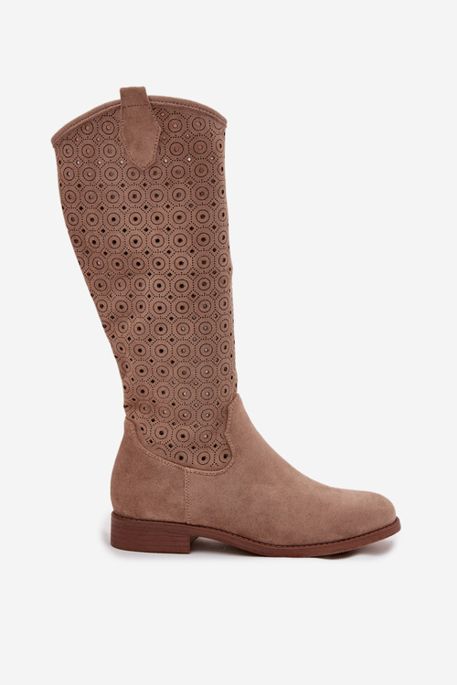 Kozaki Damskie Na Płaskim Obcasie Z Ażurowym Wzorem S.Barski HY52-531 Beżowe