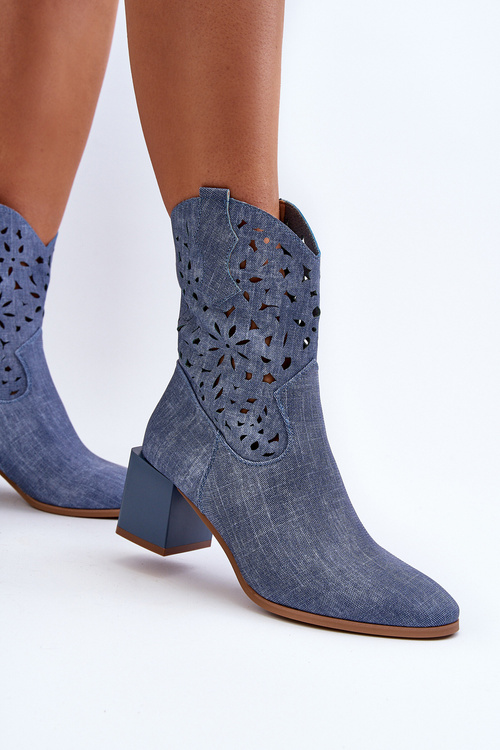 Jeansowe Botki Z Ażurową Cholewką Na Klocku Niebieskie Irvelame