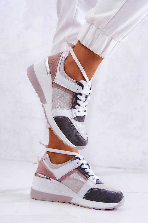 Skórzane Buty Sportowe Sneakersy Na Koturnie Srebrno-Szare Elissa