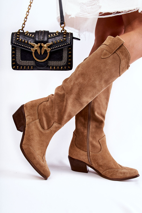 Damskie Kozaki Na Obcasie Lewski Shoes 3235 Beżowe