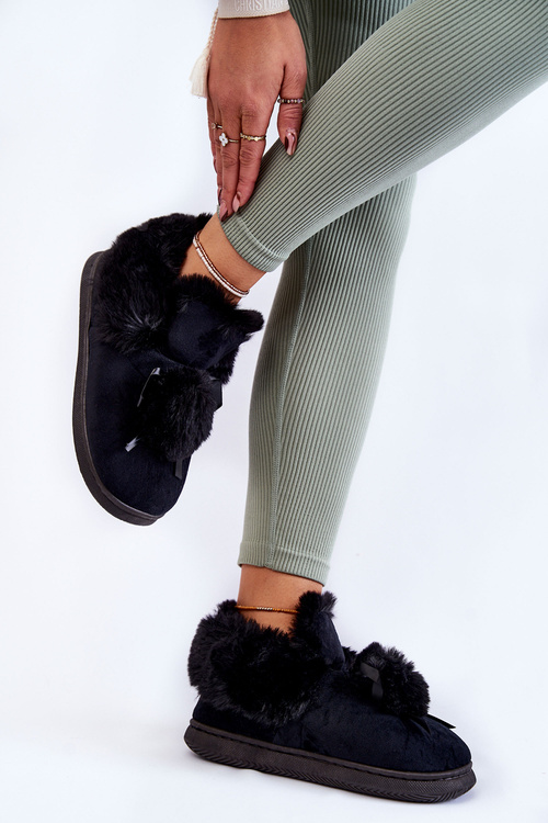 Damskie Wsuwane Futrzane Papcie Z Pomponem Czarne Noemi
