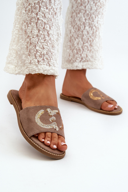 Damskie Płaskie Klapki Z Cekinami S.Barski KV27-052 Brązowe