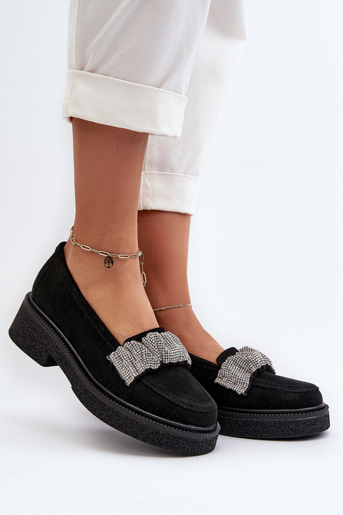 Zazoo 3419 Mokasyny Damskie Zamszowe Z Ozdobnym Paseczkiem Czarne