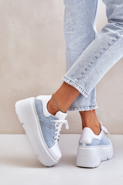 Skórzane Sneakersy Na Masywnej Platformie Jeansowe Lewski 3586 Białe