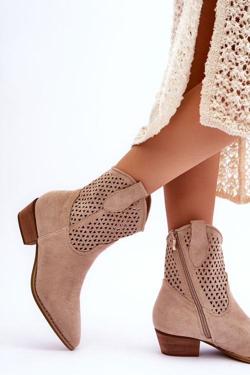 Damskie Ażurowe Botki Kowbojki Beżowe Reeds