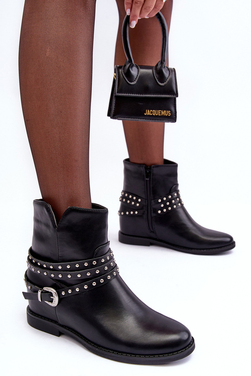 Zdobione Skórzane Botki Damskie Na Płaskim Obcasie Czarne Adkrana