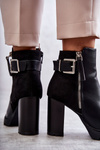 Skórzane Botki Na Obcasie Z Ozdobnym Zamkiem Czarne Rosita