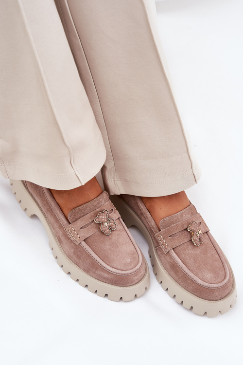 Zamszowe Mokasyny Damskie Z Przypinką Miś Vinceza 79533 Beżowe