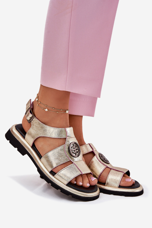 Skórzane Sandały Damskie Lakierowane Z Ozdobnym Detalem Artiker 56C0689 Złote