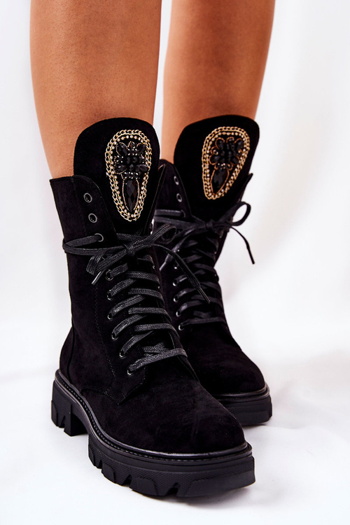 Zamszowe Botki Ze Zdobieniem Czarne Elaina