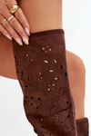 Ażurowe Kozaki Damskie Na Klocku Czekoladowe Helinna