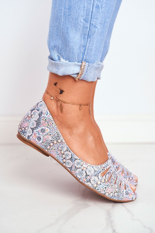 Baleriny Damskie Maciejka Skórzane Biało Niebieskie we wzory 03497-13