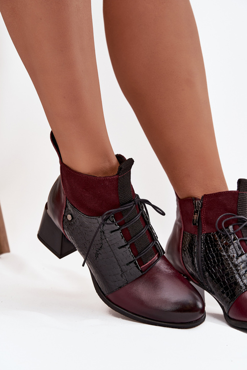 Zazoo 60503 Skórzane Botki Na Obcasie Ocieplane Bordowe