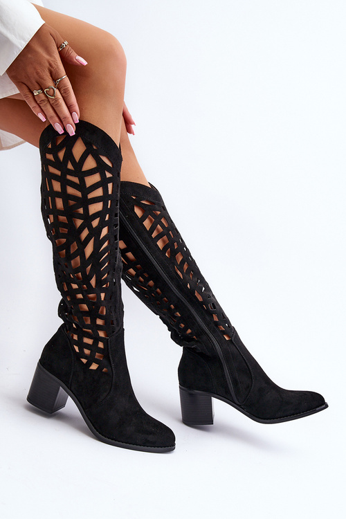 Ażurowe Kozaki Na Obcasie Czarne Pinkema