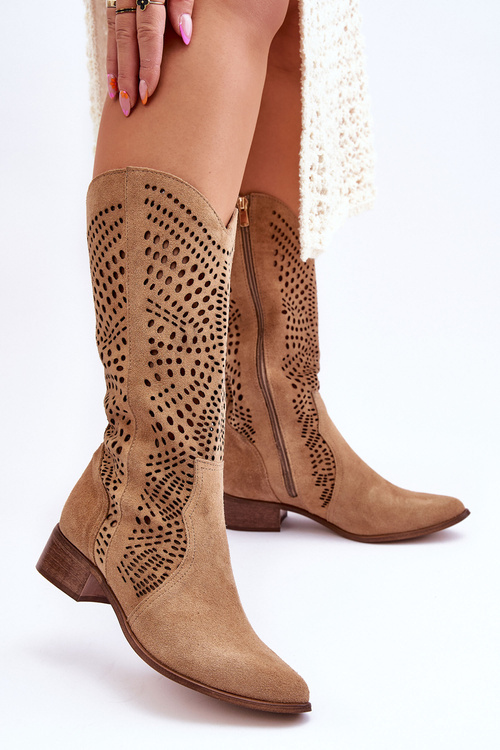 Zamszowe Kozaki Kowbojki Przed Kolano Lewski Shoes 3305 Beżowe